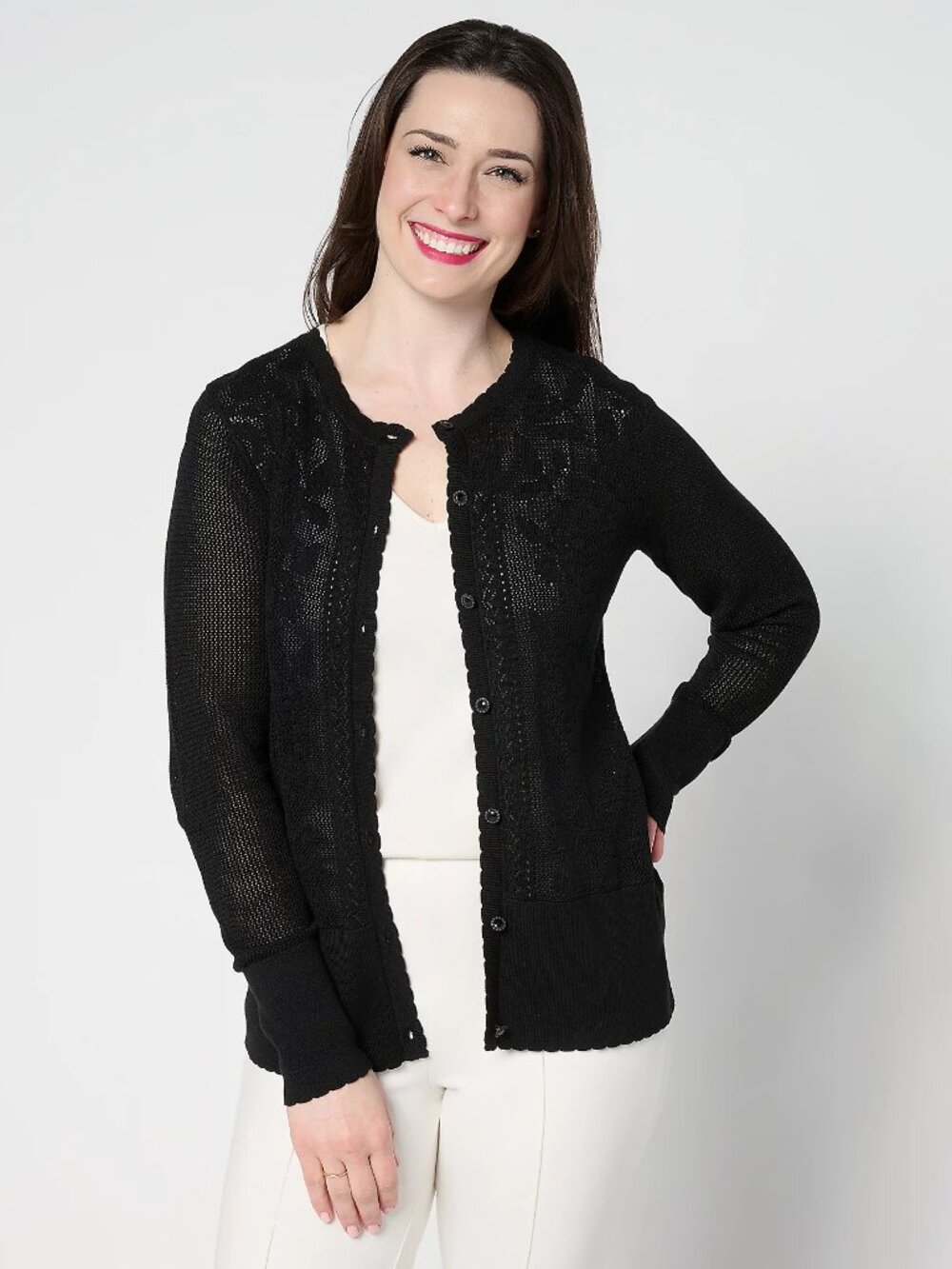 Isaac Mizrahi Live! Floral Pointelle Scallop Trim Cardigan, Blk Sz S a693574